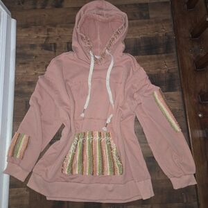 POL Boho Mauve Pink Embroidered Hoodie with Multi-Color Stripe Patchwork Size M